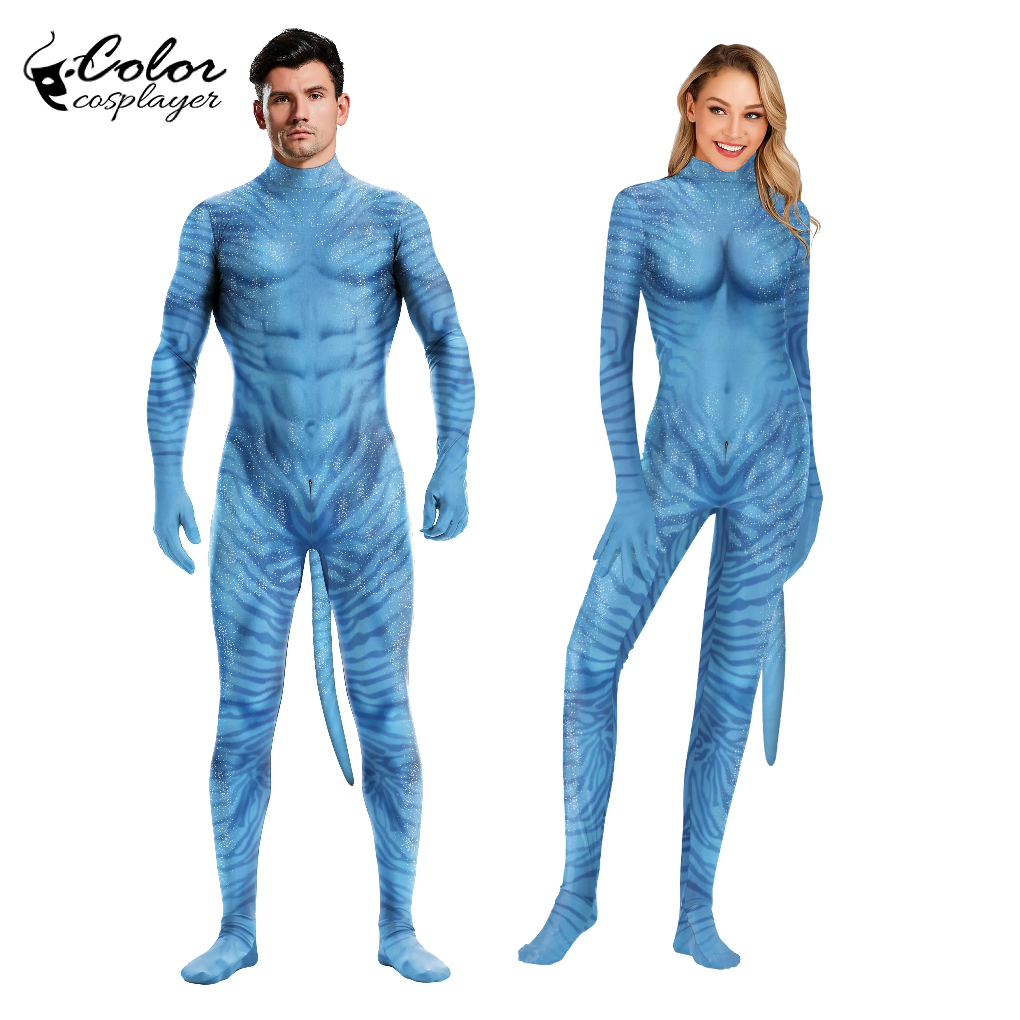 

Color Cosplayer Halloween Carnival Party Cosplay Costume Animal Printed Jumpsuit with Tail Zentai Catsuit Spandex Muscle Suit