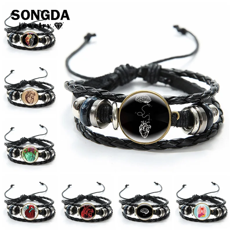 

Medical Human Organs Leather Bracelet Brain Meridian Kidney Art Pattern Cabochon Glass Braided Men Bracelets & Bangles Wristband