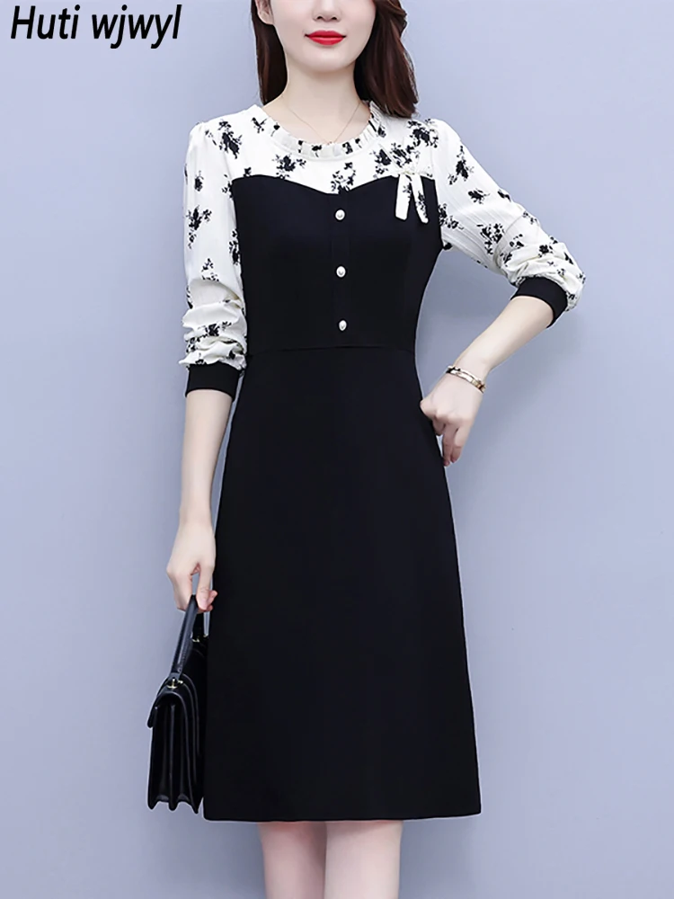 

Женское винтажное платье средней длины, черное лоскутное белое платье с цветочным принтом и длинным рукавом, шикарное платье с воротником с оборками и бантом в Корейском стиле на весну и осень, 2023