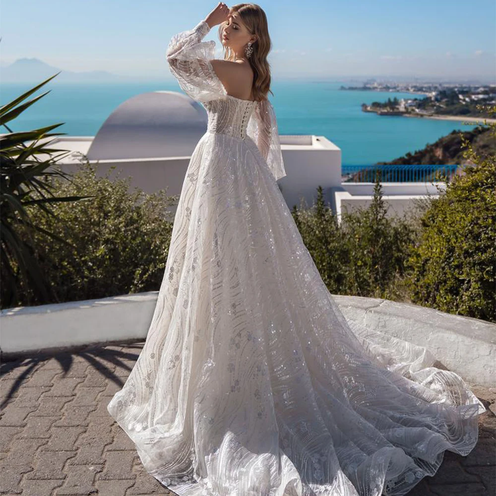 Exquisit Bride Gown Sweetheart Long Puff Sleeve Lace Applique Wedding Dresses Simple Tulle A-Line Sweep Train Vestido De Noiva
Exquisit Bride Gown Sweetheart Long Puff Sleeve Lace Applique Wedding Dresses Simple Tulle A-Line Sweep Train Vestido De Noiva