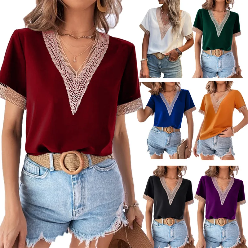 2022 spring and summer new casual fashion V-neck lace loose top temperament commuter short-sleeved shirt women
2022 spring and summer new casual fashion V-neck lace loose top temperament commuter short-sleeved shirt women