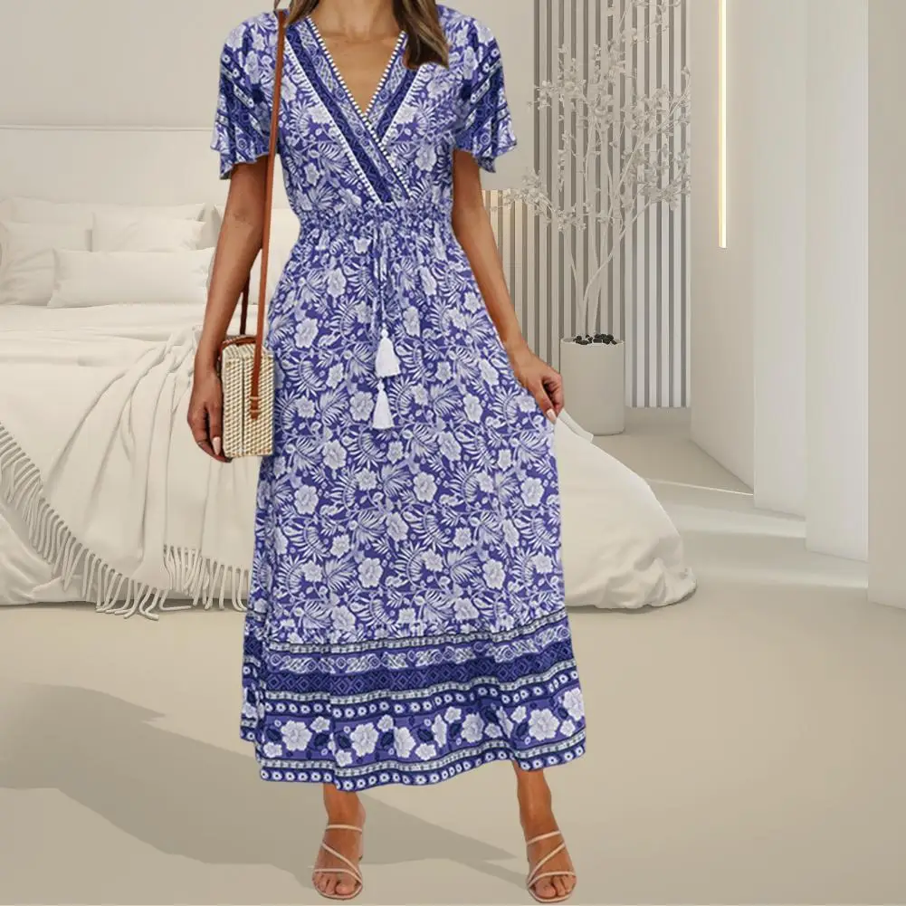 

Print Fashion Tight Waist Bohemia Beach Dress Breathable Summer Dress Pullover Female Garment