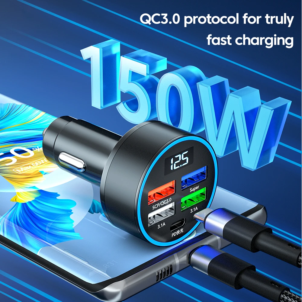 OLAF 150W Car Charger Fast Charge Type C Car Charger USB Charger Power Adapter Phone charger 4-Port usb Flash Charge
OLAF 150W Car Charger Fast Charge Type C Car Charger USB Charger Power Adapter Phone charger 4-Port usb Flash Charge