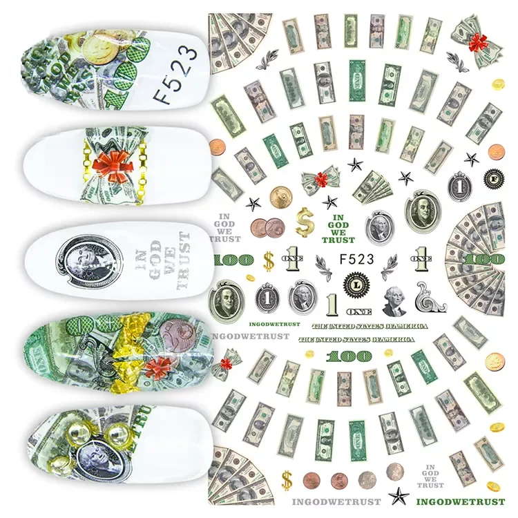 3D Design Nails Art Sticker Money Dollar Wealthy Rich Style Nail Stickers Wraps Foil Sticker Manicure Tips F523
3D Design Nails Art Sticker Money Dollar Wealthy Rich Style Nail Stickers Wraps Foil Sticker Manicure Tips F523