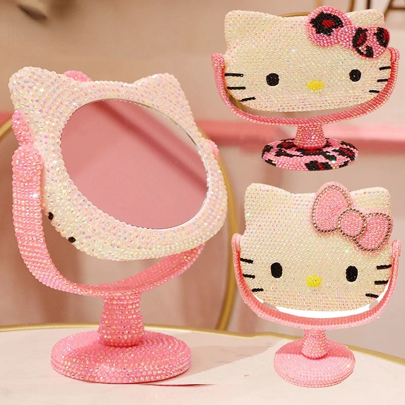 Настольное зеркало для макияжа Kawaii Hello Кити, Розовое женское сердечко, со стразами, ручное, вращающееся зеркало
