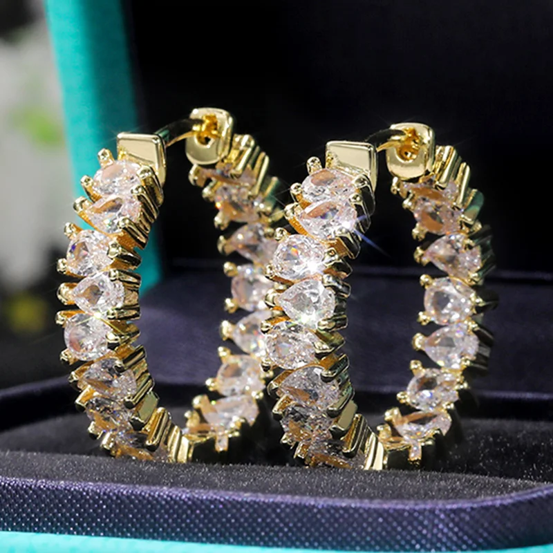 

New Luxury CZ Hoop Earrings Women Wedding Engagement Accessories Water Drop Shape AAA Cubic Zirconia Female Statement Jewelry