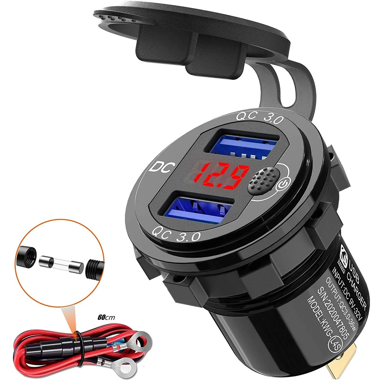 Quick Charge 3.0 Dual 12V USB Car Charger, Aluminum Socket with Switch Button and Red Digital Voltmeter, Waterproof
Quick Charge 3.0 Dual 12V USB Car Charger, Aluminum Socket with Switch Button and Red Digital Voltmeter, Waterproof