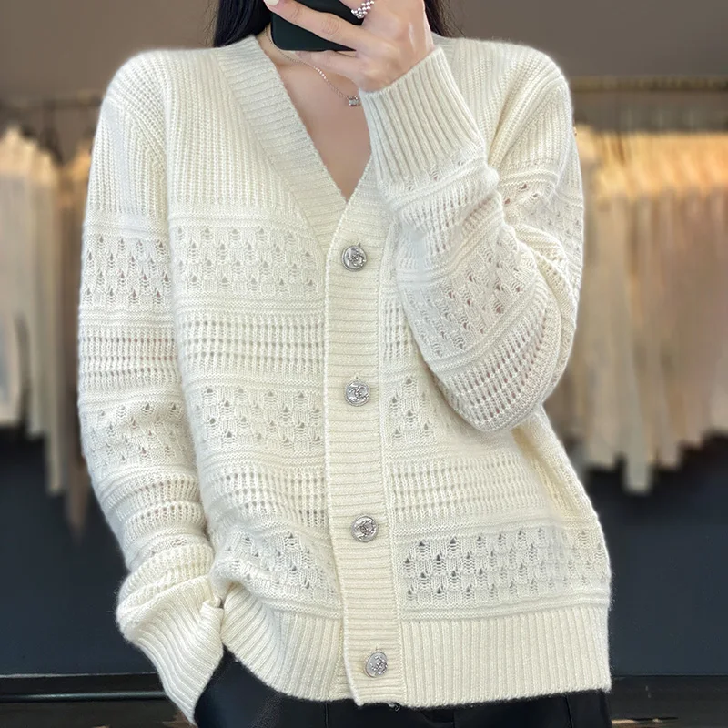 Spring Woman's Sweaters Female Cardigan Fashion Hollow Coats Long Sleeve V-Neck Jacket Jumper 100% Wool Knitted Tops Large Size
Spring Woman's Sweaters Female Cardigan Fashion Hollow Coats Long Sleeve V-Neck Jacket Jumper 100% Wool Knitted Tops Large Size