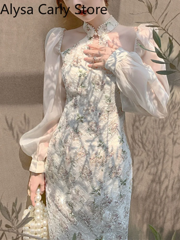 

Vintage Elegant Cheongsam Dress Women Floral Embroidery Design Party Fairy Dress Female 2023 Spring Court Retro Long Split Dress