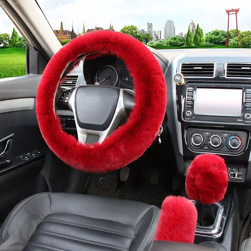 

Rabbit Fur Car Steering Wheel Cover Warm Winter Car Handbrake Shift Cover Three-piece Set Heating Steering Wheel 38cm