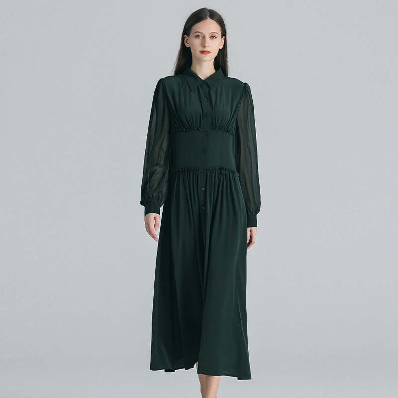 Green Crepe De Chine Silk Polo Collar Lantern Long Sleeves Dresses Women Single Breasted Thin Shirt Silk Dress Autumn AE1783 
Green Crepe De Chine Silk Polo Collar Lantern Long Sleeves Dresses Women Single Breasted Thin Shirt Silk Dress Autumn AE1783