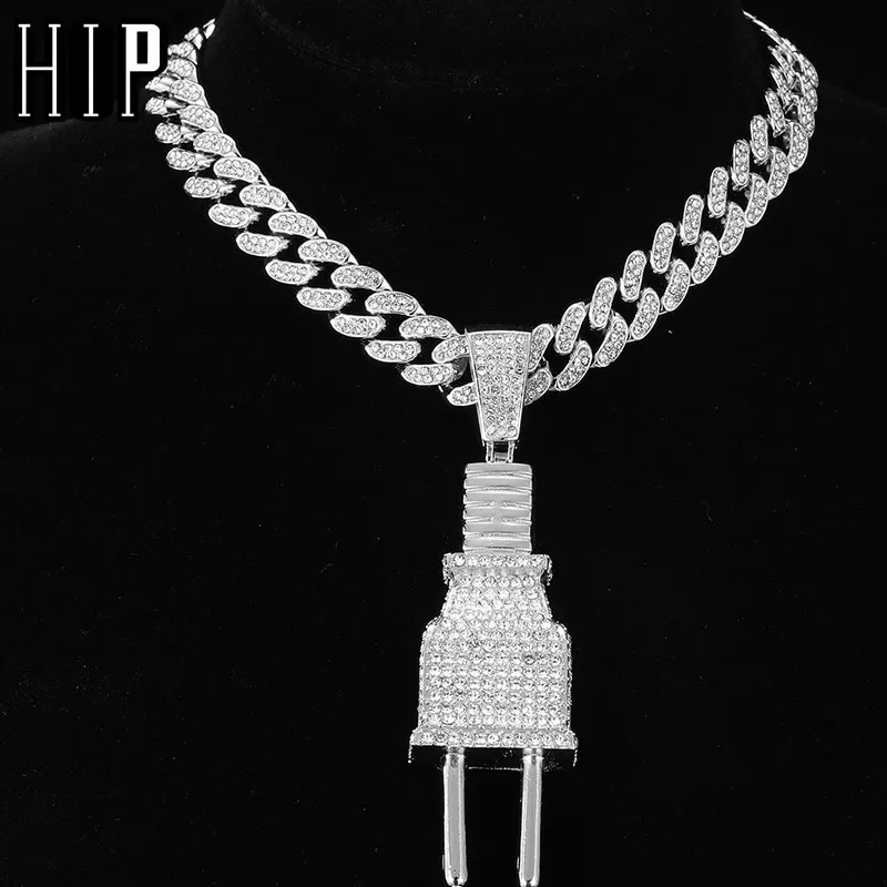 

HIP HOP Iced Out Plug Pendant Miami Cuban Link Chain Pendant Necklaces Tennis Chain For Men's Women Rapper Jewelry