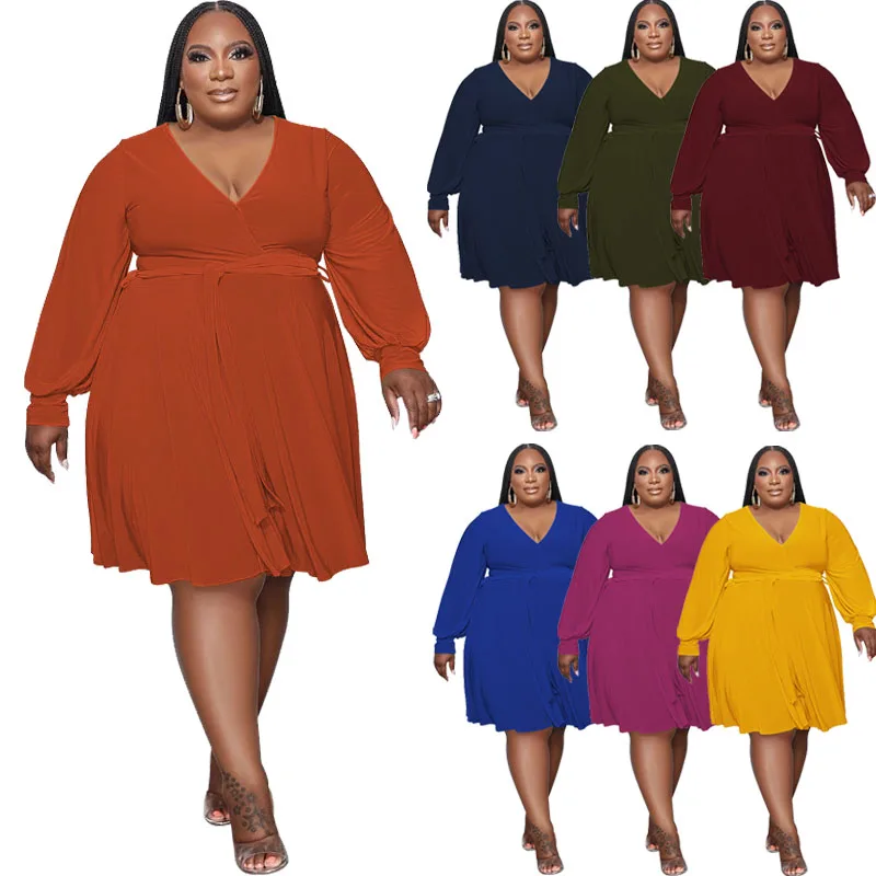 Women Plus Size Dress Solid Color Full Sleeve V-neck A-line African Knee Length Loose Dresses Fashion Outfit Autumn Mini Dress
Women Plus Size Dress Solid Color Full Sleeve V-neck A-line African Knee Length Loose Dresses Fashion Outfit Autumn Mini Dress