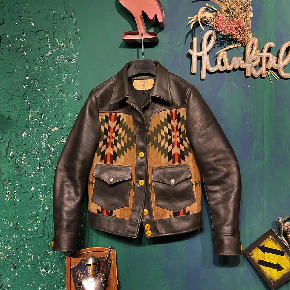 

Tailor Brando J-120 Genuine Super Quality Uncoated Leather & Premium Navajo Totem Wool Western Vintage Leather Jacket