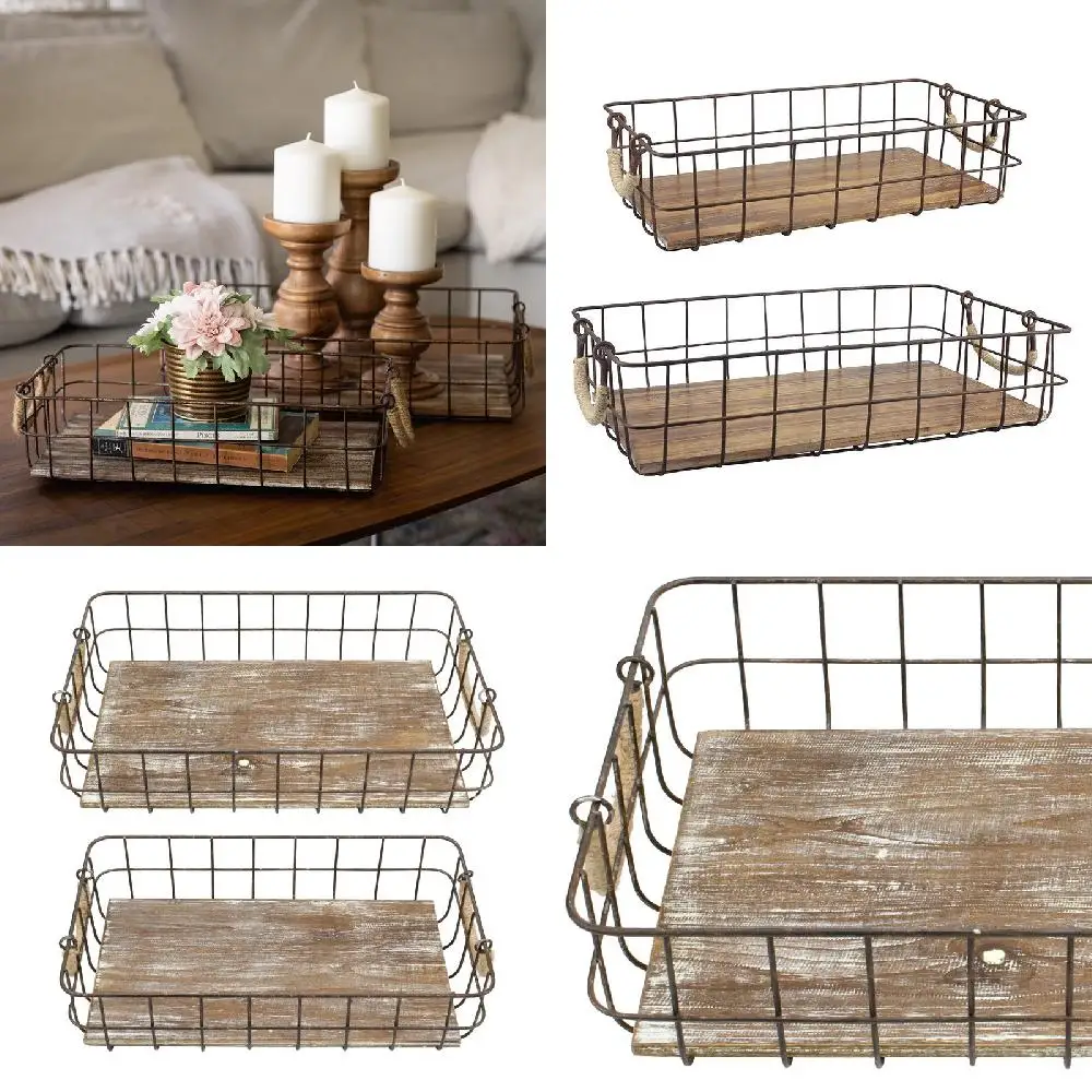10.2" Stylish Solid Wood and Brown Metal 2-Piece Decorative Basket Set - Trendy Home Storage Solution
10.2" Stylish Solid Wood and Brown Metal 2-Piece Decorative Basket Set - Trendy Home Storage Solution