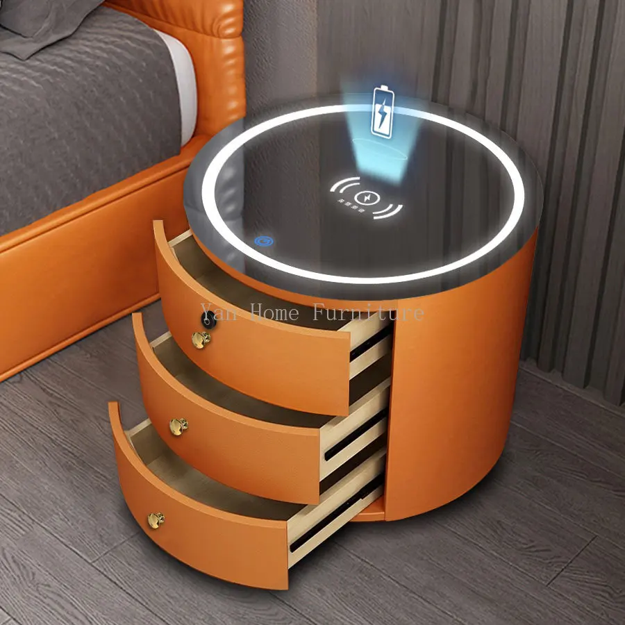 

Round Bedside Table Intelligent Audio Password Fingerprint Lock Wireless Charging Leather Wood Cabinet Nightstands for Bedroom