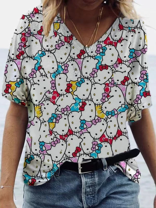 Youth clothing fashion casual women's loose T-shirt The latest girl top Hello Kitty printed cute blue and white V-neck top
Youth clothing fashion casual women's loose T-shirt The latest girl top Hello Kitty printed cute blue and white V-neck top