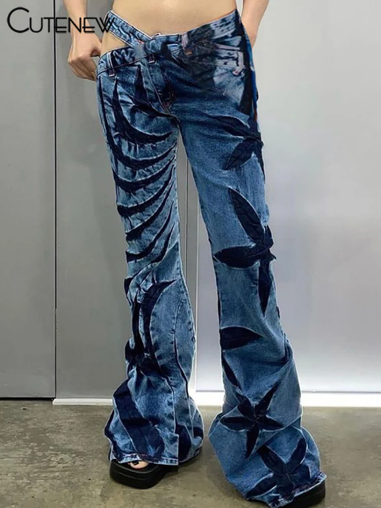 Cutenew Women's Faux Denim Printed Pants Casual Slim Asymmetry Hollow Out Low Waist Trousers Flare Bottoms 2023 Girls Streetwear
Cutenew Women's Faux Denim Printed Pants Casual Slim Asymmetry Hollow Out Low Waist Trousers Flare Bottoms 2023 Girls Streetwear