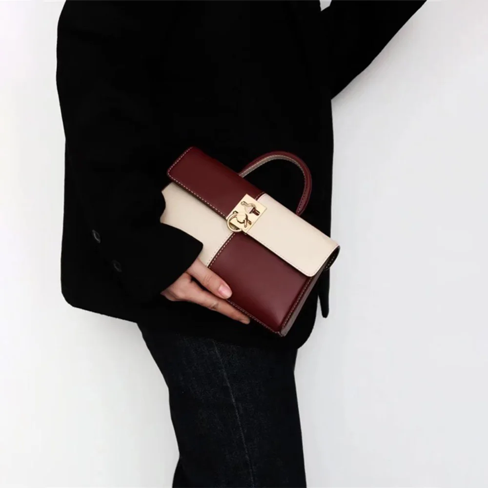 

Original niche ca@fune mini burgundy checkerboard handbag lock flap crossbody shoulder bag