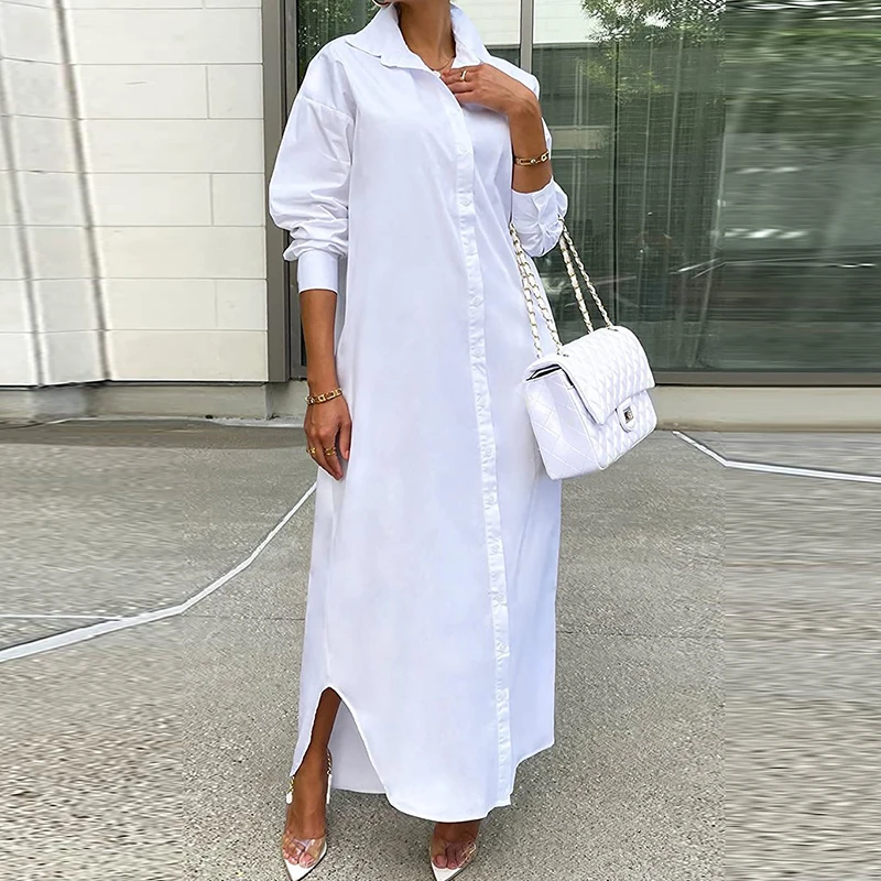 Elegant Turn-down Collar Button-up Office Dress Fashion High Split Straight Dress Autumn Solid Long Sleeve Shirt Dress Women
Elegant Turn-down Collar Button-up Office Dress Fashion High Split Straight Dress Autumn Solid Long Sleeve Shirt Dress Women