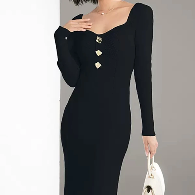 Women Knit Slim Dress Square Collar Long Sleeve Backless Temperament Lady Midi Robe
Women Knit Slim Dress Square Collar Long Sleeve Backless Temperament Lady Midi Robe