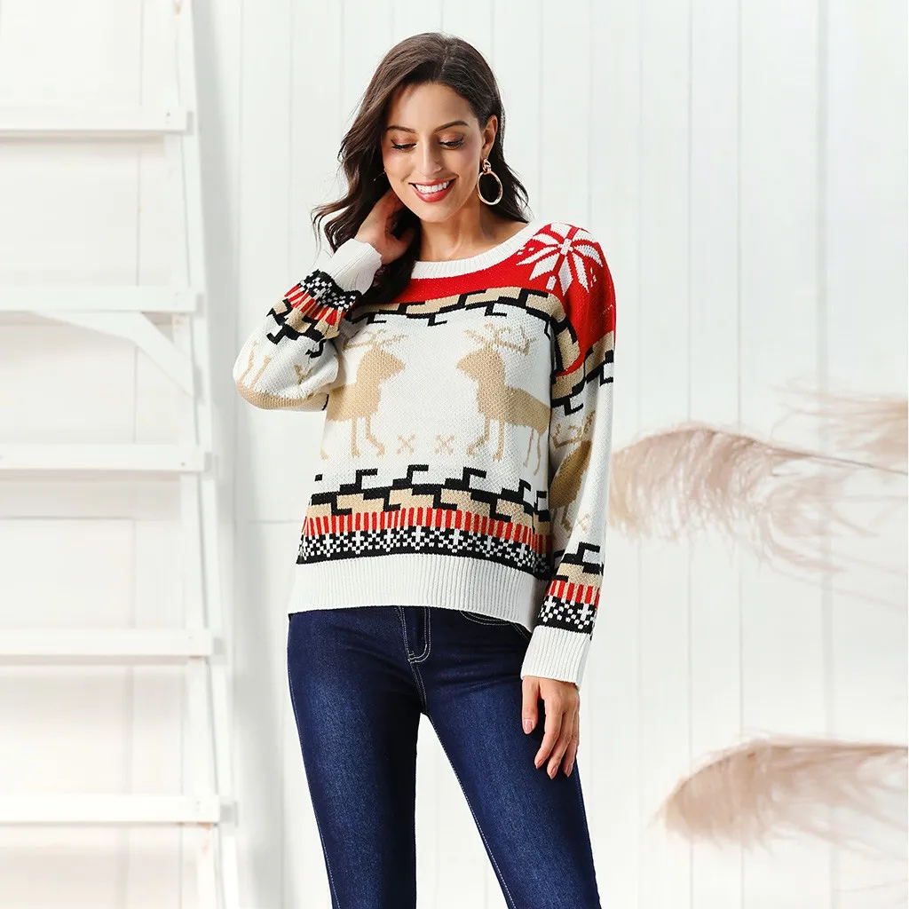 

Christmas Women Sweater Geometric O-Neck Pullover Snowflake Lightweight Long Cardigans Autumn Winter Warm Knitwear Full Sleeve