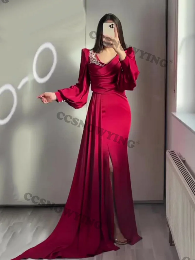 

Женское атласное платье с длинным рукавом, Бордовое платье с аппликацией и V-образным вырезом для выпускного вечера, бальное платье с разрезом для вечеринки