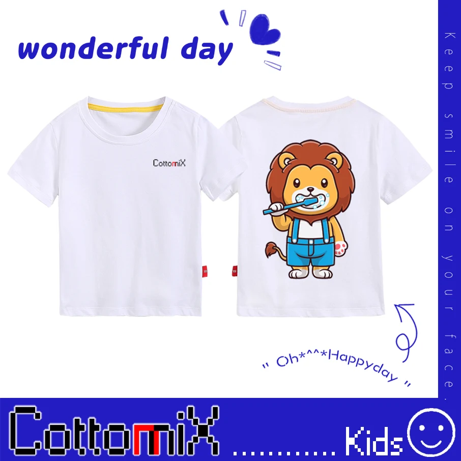 

Cottomix Pure Cotton Children Clothes T Shirt for Kids Boys Girls Brush Teeth Lion Summer Short Sleeve Direct Print