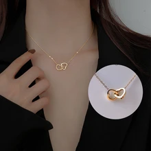 Simple Double Heart Pendant Necklace for Women Couple Stainless Steel Choker Gold Color Chain Wedding Party Friends Jewelry Gift