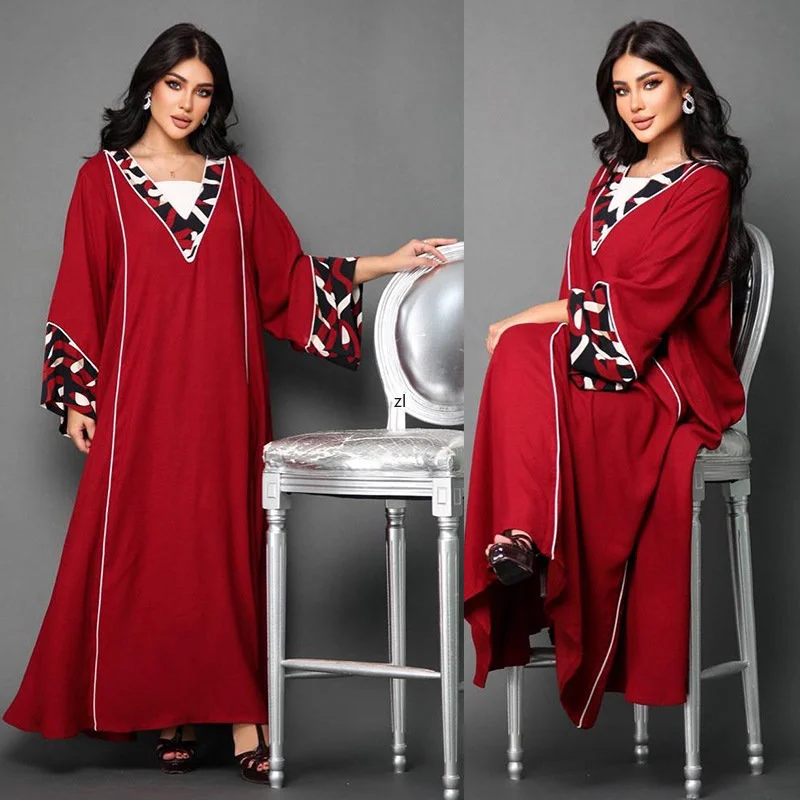 

Dubai Kaftan Dress Muslim Party Abaya Women Vintage Print Long Sleeve Patchwork Robe Islam Oman Qatar Djellaba Marocaine
