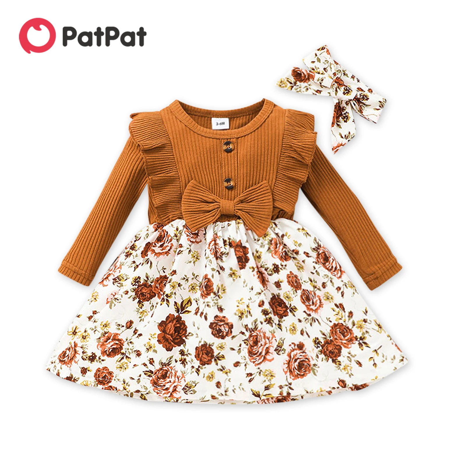

PatPat 2pcs Baby Solid Ribbed Long-sleeve Ruffle Bowknot Splicing Floral Print Dress Set