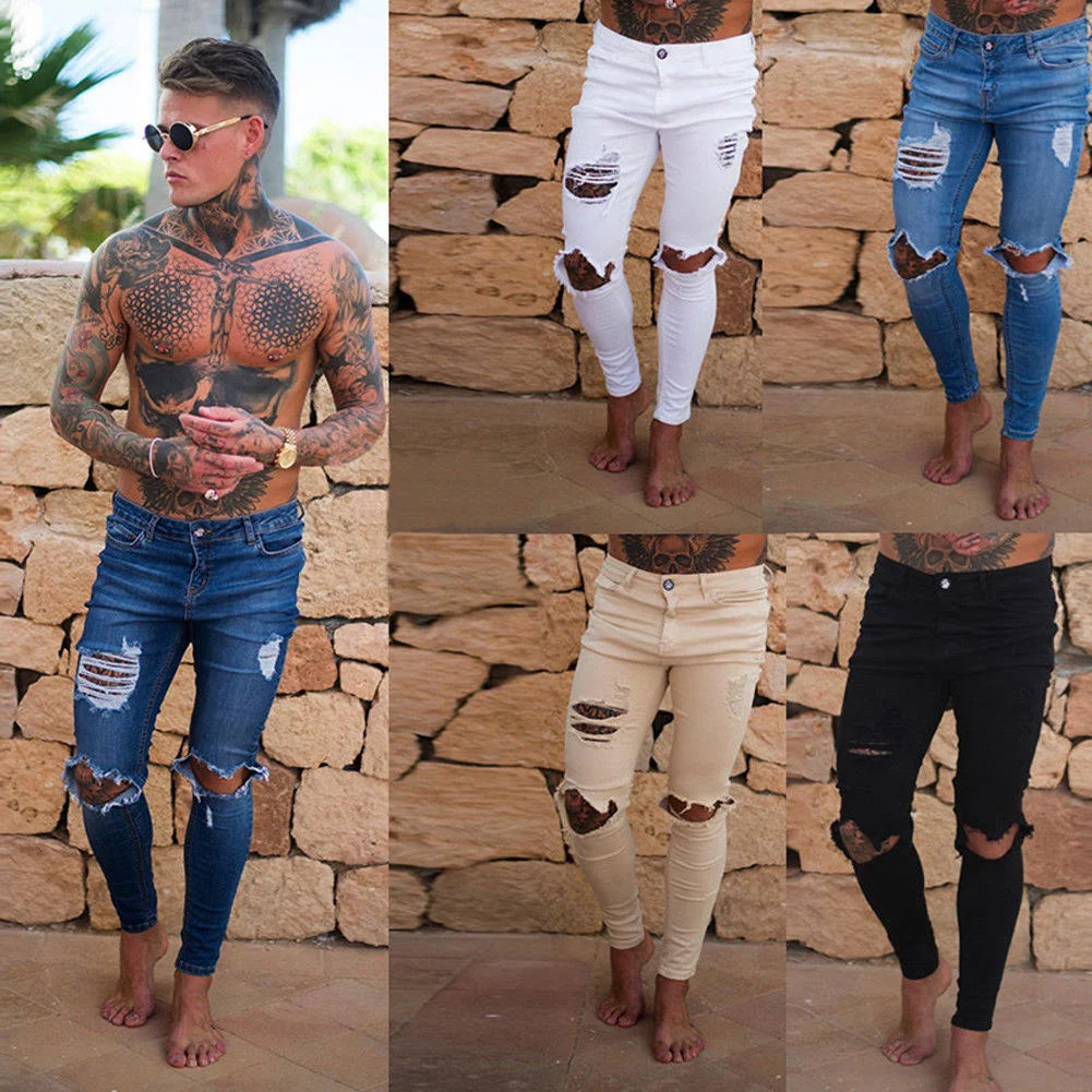 

Jean New Hole Men Fashion Skinny Stretch Denim Pencil Pants Distressed Ripped Freyed Biker Slim Fit Jeans Trouser Size 28-36