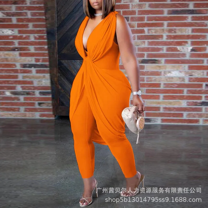 

Women V Neck High Waist Solid Color High Waist Plunging Neck Twist Draped Sleeveless Jumpsuit Pencil Pants Jumpsuits Overalls
