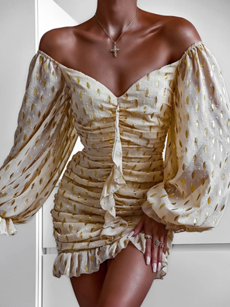 Summer Gold Polka Dot Print Ruffle Mini Dresses Fashion Long Sleeve Short A-Line Dress Sexy Off Shoulder Deep V Neck Party Dress
Summer Gold Polka Dot Print Ruffle Mini Dresses Fashion Long Sleeve Short A-Line Dress Sexy Off Shoulder Deep V Neck Party Dress