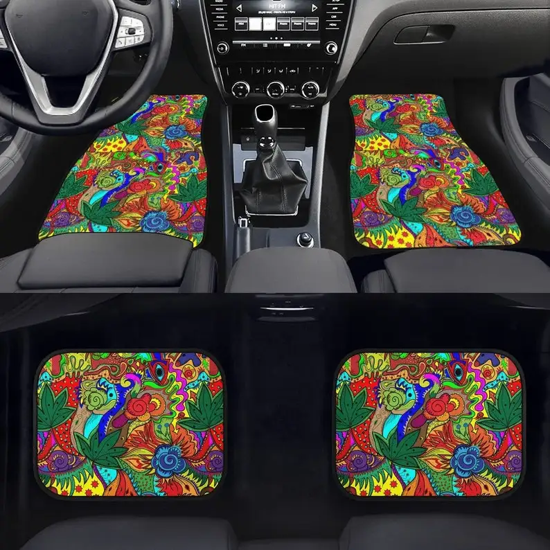 

Stoner Art Car Floor Mats - Colorful Abstract Trippy Car Decor, Weed 420 Cannabis, Conversion Van, Wild Hippie Car Accessories,