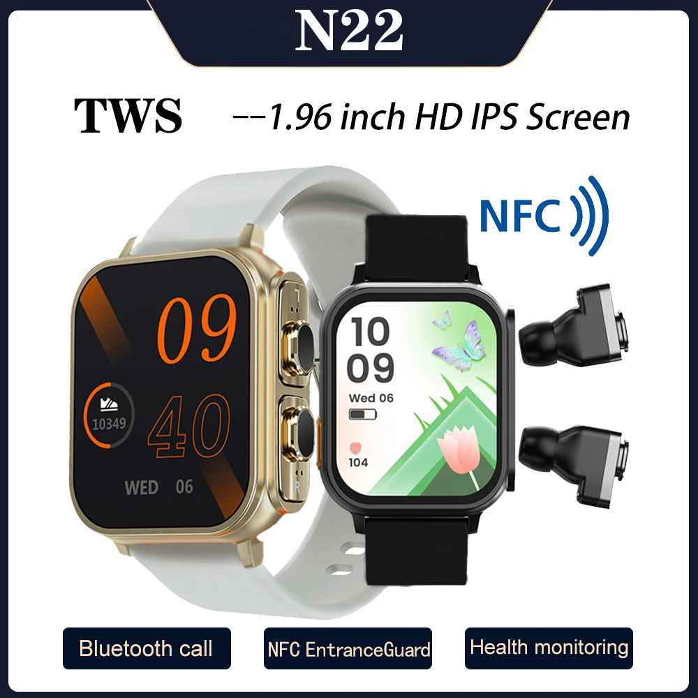 

2023 New 2 In 1 Wireless Blue Tooth ENC Noise Cancelling TWS Earphones Smart Watch 1.96" Sports Heart Rate NFC Ultra Smartwatch