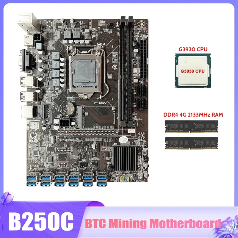 B250C BTC Mining Motherboard With G3930 CPU+2XDDR4 4G 2133Mhz RAM 12X PCIE To USB3.0 GPU Slot LGA1151 Miner Motherboard
B250C BTC Mining Motherboard With G3930 CPU+2XDDR4 4G 2133Mhz RAM 12X PCIE To USB3.0 GPU Slot LGA1151 Miner Motherboard