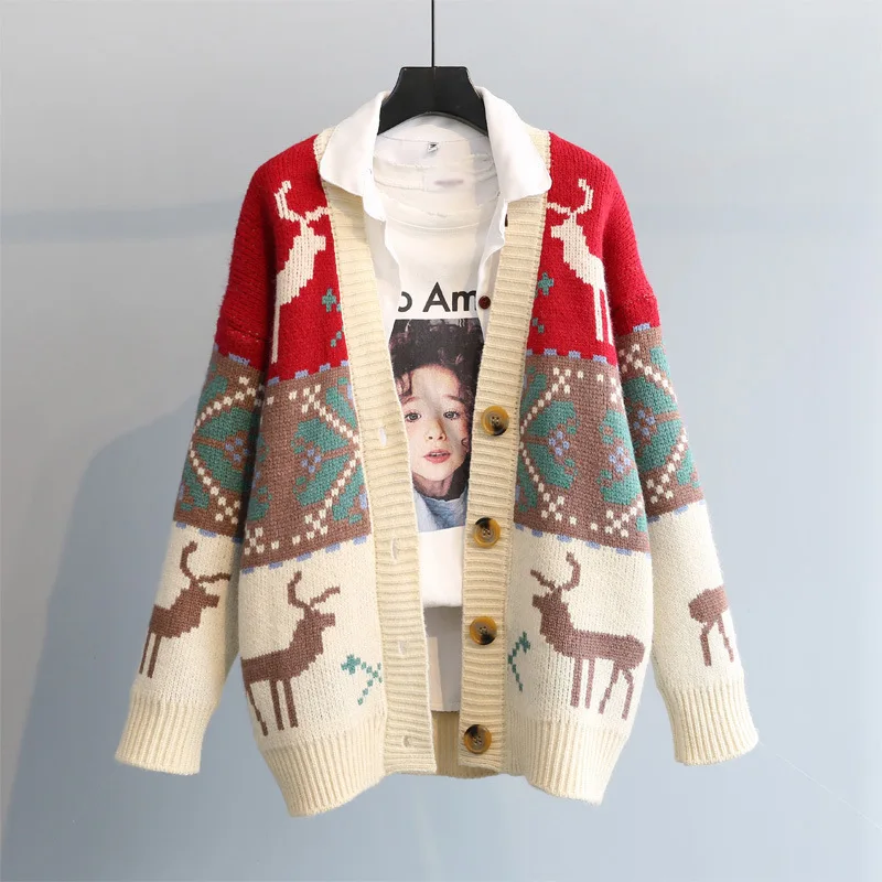 

Женский вязаный кардиган осень-зима 2022 Рождественский олень жаккардовый винтажный свитер свободное женское утепленное пальто