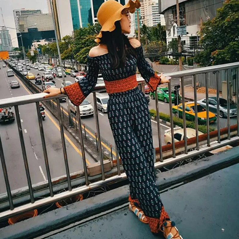 3366 Thailand holiday travel printed off shoulder top + High Waist Wide Leg Pants Bohemian suit shows leg length
3366 Thailand holiday travel printed off shoulder top + High Waist Wide Leg Pants Bohemian suit shows leg length