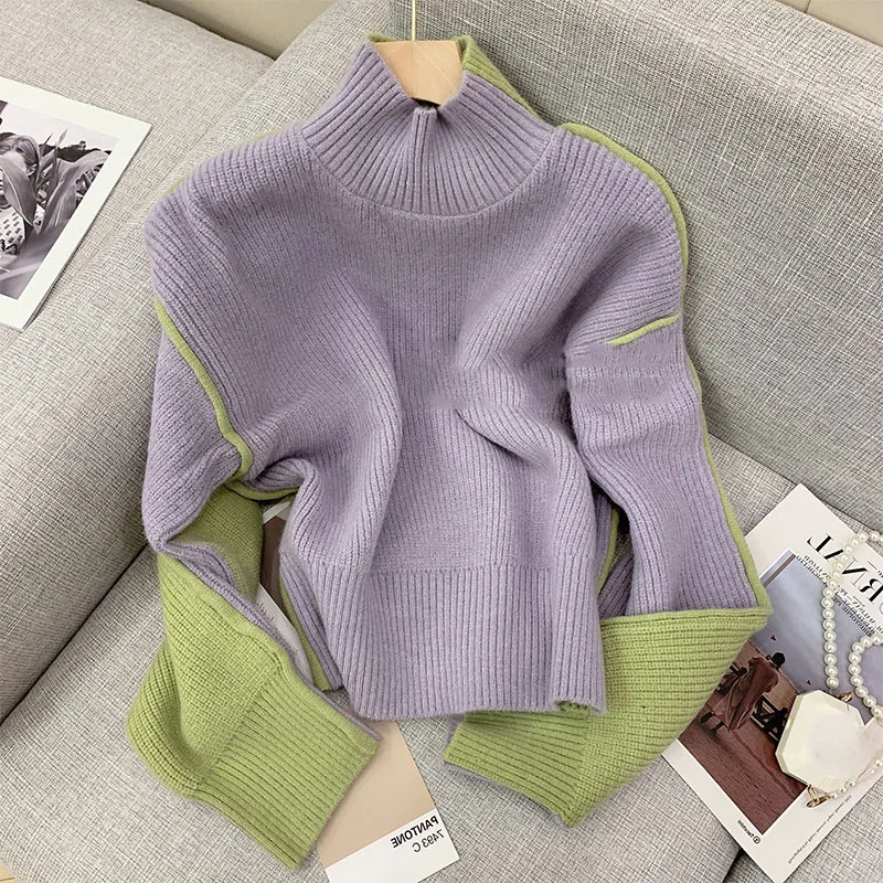 Женский вязаный свитер с высоким воротником, пуловеры в Корейском стиле, свитшот, повседневный модный топ, зимние вязаные топы в стиле пэчворк фиолетового и зеленого цветов 
Женский вязаный свитер с высоким воротником, пуловеры в Корейском стиле, свитшот, повседневный модный топ, зимние вязаные топы в стиле пэчворк фиолетового и зеленого цветов