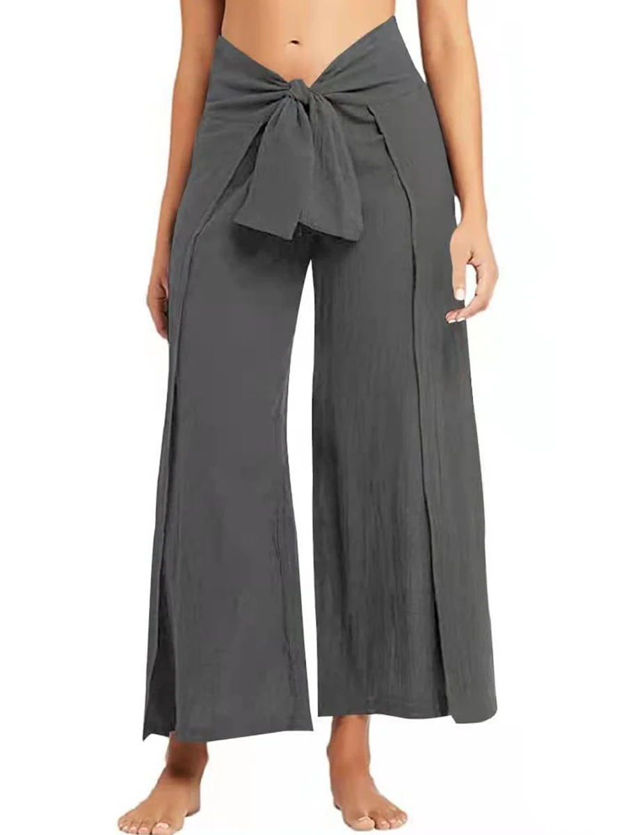 

Womens Boho Wide Leg Pants High Waisted Side Split Palazzo Beach Flowy Pants Casual Tie Waist Belted Wrap Trousers