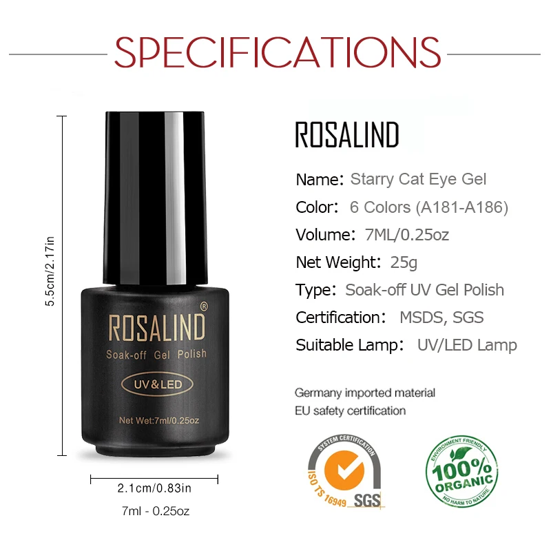 Магнит ROSALIND 9D лак для ногтей с эффектом кошачий глаз гибричные длаки Кристальный