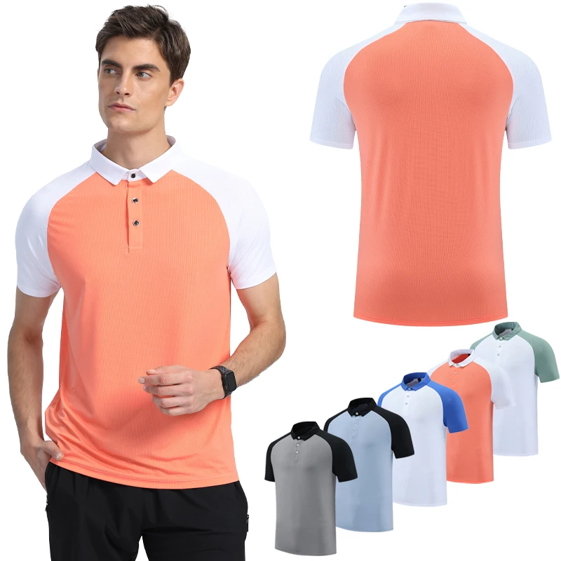 

Men Sport Short Sleeve Turndown Collar Casual T-shirts Quick Dry Patchwork Tennis Golf Shirts Polyester Training Runnig Shirts
