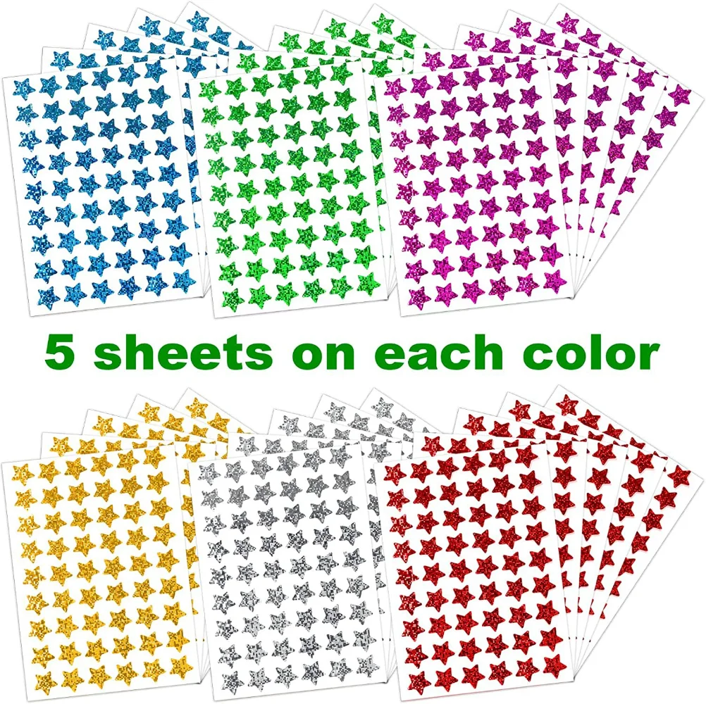 

5 Sheets Self Adhesive Assorted Colors Shiny Sparkle Star Stickers Kids Students Rewards Teachers Supplies