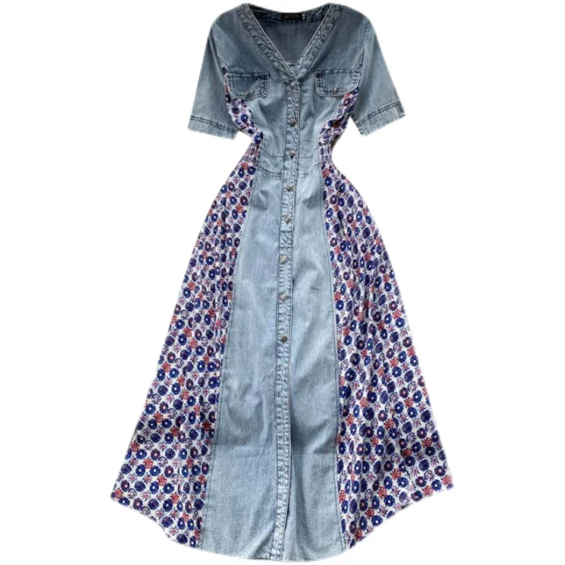 VANOVICH 2022 New Spring and Summer French Style Long Dress Temperament V-Neck Printing Patchwork Denim Single Breasted Dress
VANOVICH 2022 New Spring and Summer French Style Long Dress Temperament V-Neck Printing Patchwork Denim Single Breasted Dress