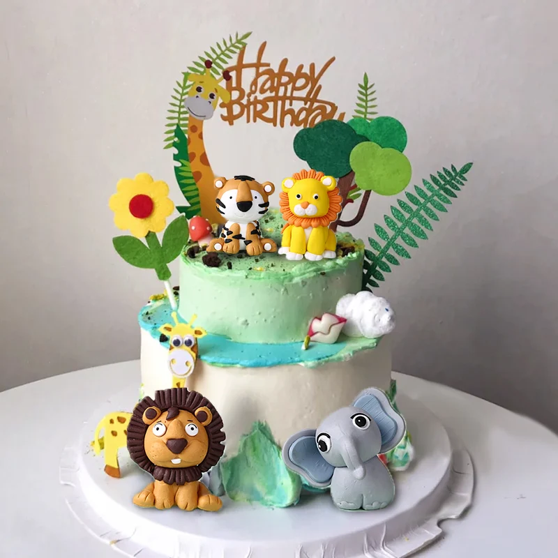 

Украшение для торта в виде лесных животных, мягкая глина, Лев, слон, тигр, один из первых сафари в джунглях, украшение для торта на день рожден...