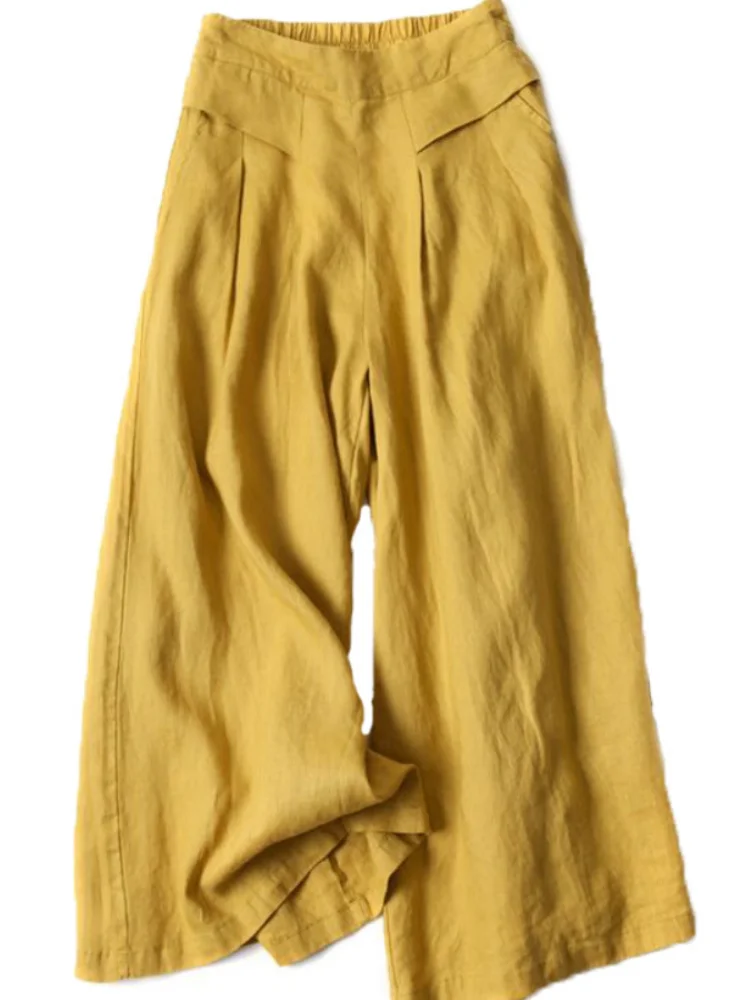 

Женские брюки-кюлоты из 2023 хлопка и льна с широкими штанинами, новинка весны и лета, однотонные свободные модные облегающие брюки с завышенной талией