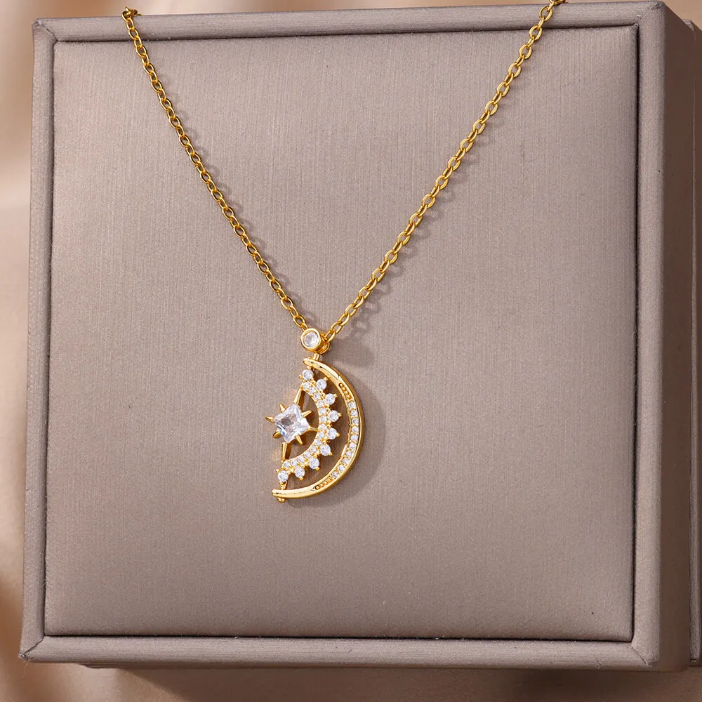 Fashion Zircon Moon Necklaces For Women Gold Color Stainless Steel Neck Chain Female Star Pendant Necklace Jewelry Gift
Fashion Zircon Moon Necklaces For Women Gold Color Stainless Steel Neck Chain Female Star Pendant Necklace Jewelry Gift