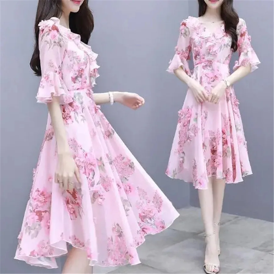 Pink Sweet Slim Waist Chiffon Floral Dress Women Fashion 3D Printing Irregular Mid Dress Ladies Summer Boho Vacation Beach Dress
Pink Sweet Slim Waist Chiffon Floral Dress Women Fashion 3D Printing Irregular Mid Dress Ladies Summer Boho Vacation Beach Dress