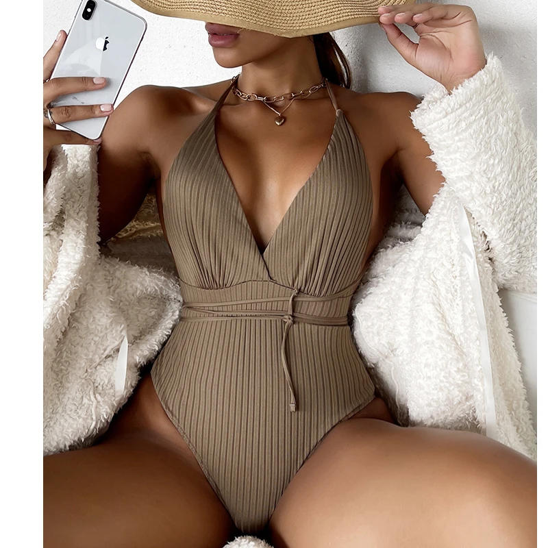 

Women One Piece White Swimsuits High Waitsted Ribbed Plunge Bathing Suit for Tummy Control Monokini